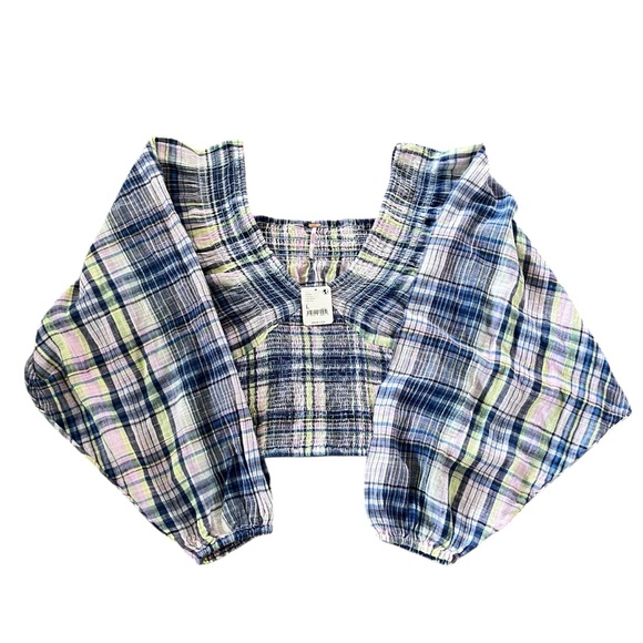 Free People Nicole Smocked Plaid Crop Top - Size L - Blue/Pink/Yellow - Picture 5 of 12